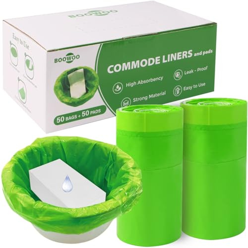 Bedside Commode Liners with Absorbent Pads, Disposable Commode Bags/Pads, Adult Potty Chair Liners, Portable Commode Poop Bag for Commode Chair, Bedpan, Bucket Toilet, 50 Bags+50Pads