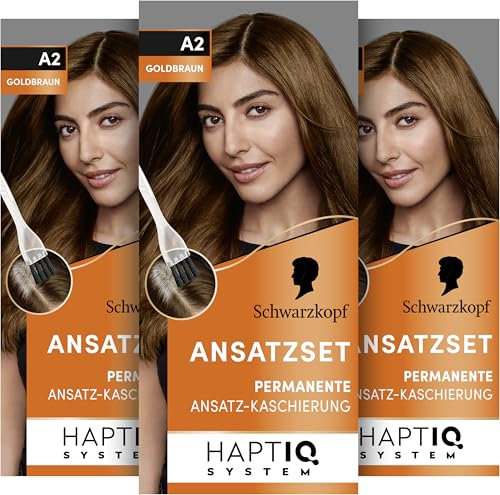 Schwarzkopf Ansatzset A2 Goldbraun Stufe 3 (3 x 44,5 ml), dauerhafte Haarfarbe zum Haaransatz kaschieren in nur 10 Minuten, Ansatzfarbe für harmonische Übergänge