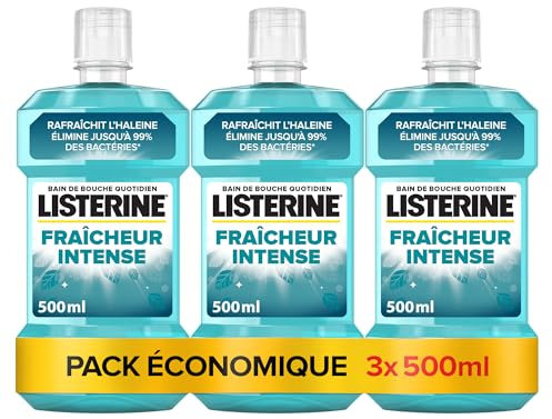 Listerine – Bain de Bouche Quotidien Fraîcheur Intense (lot de 3 bouteilles de 500 ml) – Bain de bouche pour combattre les bactéries – Goût intense pour une haleine fraîche
