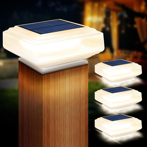AMFUN 2 Pack Home Solar Post Lights, LED Fence Posts Cap Lights, Waterproof Solar Powered Post Cap Lights for 4x4 5x5 6x6 inch Wooden Posts, Deck, Fence (Warm White)
