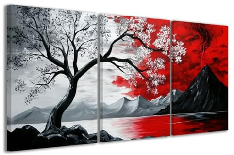 CCWACPP Nero e rosso 3 pezzi decorazione da parete dipinti astratti di paesaggi marini nuvole alberi stampe artistiche quadri su tela paesaggi incorniciato (30x40cmx3)