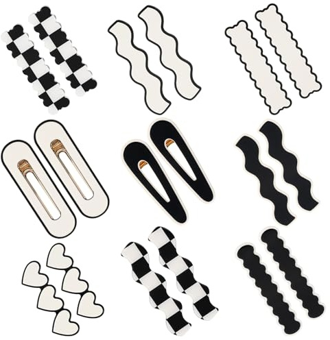 Ymapinc Lot de 9 paires de petites barrettes à cheveux fins pour femme - Motif carreaux noirs et blancs - Sans plis - Pour pinces à cheveux plates et épaisses