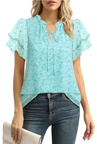 Gaharu Camicetta da donna elegante a maniche corte estiva tunica scollo a V maniche a volant chiffon floreale camicia business casual top, XL