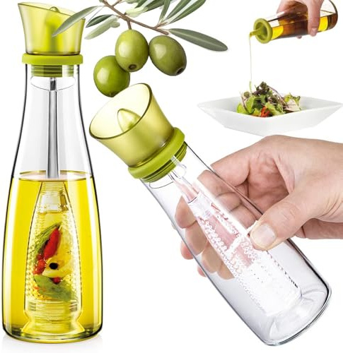 Generisch Dear Body® Glas-Ölflasche 500 ml – Essig- und Ölspender mit Kräuterfach – Tropffreier Ausgießer für Olivenöl, Essig und Dressings – BPA-frei, spülmaschinengeeignet