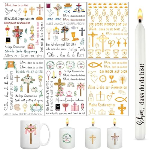 Yolistar Lot de 6 autocollants A5 pour bougies de baptême et communion - Décoration de bougies - Tatouages de bougie de bébé - Poisson - Bougie de baptême - Film autocollant pour bougies de baptême