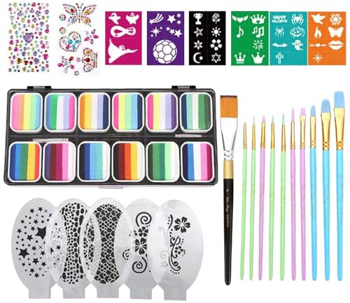 Gesichtsbemalung Set - Schmink Set - 12-Fach Farbpalette Wasserlösliche Kosmetik Mit Pinseln Schablonen Für Halloween Kindergeburtstag Fasching