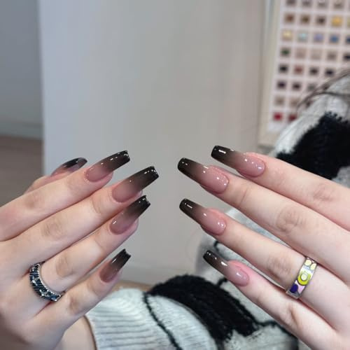 Auriselle Press on Nails Lang 24 Stück Französisch Falsche Lang Quadratisch Nägel Künstliche Nägel Schwarz und Lila Farbverlauf on Soft Gel Glitzer Nägel, Perfekt für Maniküre zu Hause
