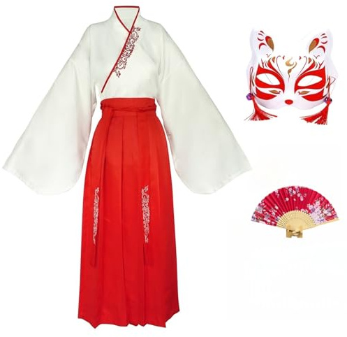 CRFASIBE Set Hanfu Donna, Costume Tradizionale Cinese, Hanfu Abito Ricamato, con Maschera e Un ventaglio Pieghevole, Ideale per Cosplay, Feste, spettacoli(Stile A)