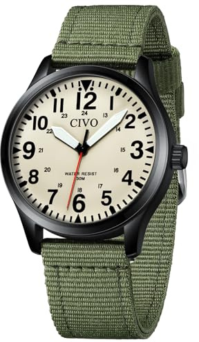 CIVO Reloj Hombre Analogico Militar: Esfera de 24H Correa de Nylon Verde - Grande y Muy Fácil de Leer Impermeable