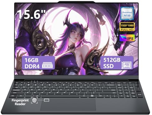 Ordinateur Portable de 15,6 Pouces avec Celeron N150 Processeur, 16Go RAM 512Go SSD, Win11 PC Portable avec Clavier Rétroéclairé et Déverrouillage par Empreinte Digitale, Laptop WiFI5, BT4.2, USB3.0