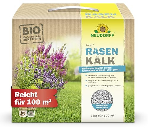 Neudorff Azet RasenKalk – Bio Rasenkalk erhöht den pH-Wert saurer Rasenböden für einen kräftig, grünen Rasen und beugt Moos vor, 5 kg für 100 m²