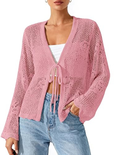 BTFBM Summer Cardigans for Women Lightweight 2026 Spring Crochet Mesh Long Sleeve Tie Front Knit Beach Vacation Outfits(Pink, Medium)