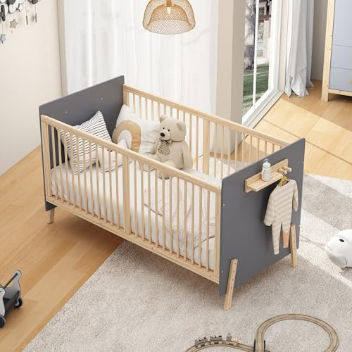 YAIXBNG Massivholz Babybett, Verstellbares Kinderbett mit DREI-stufiger Höhenverstellung, Als Anschlussbett/Sofabett nutzbar, Ohne Matratze, Blaugrau + Naturholzfarbe,163x80x92cm