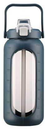 BLUEGO Bouteille D'eau 2L avec Paille et Poignée,Verre borosilicate Gourde avec Housse en Silicone pour Sport et Voyages,Anti-fuite,Sans BPA, Bleu foncé