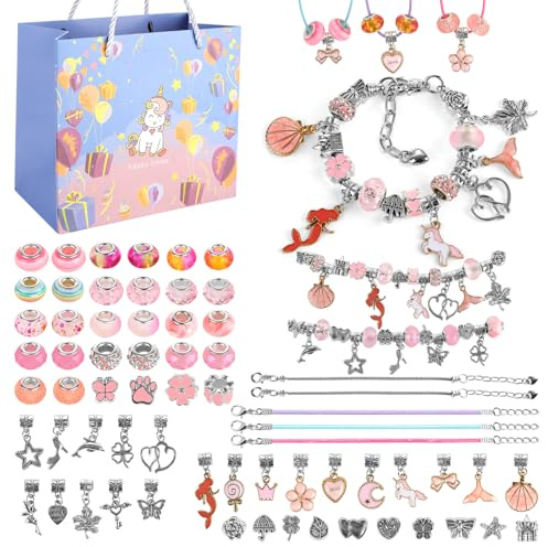 HeYuex 65 Teile DIY Armbänder Selber Machen Kit, Geschenk Schmuck Bastelset mit Perlen, Anhängern und versilberten Ketten, Geschenk zum Geburtstag oder Ostern