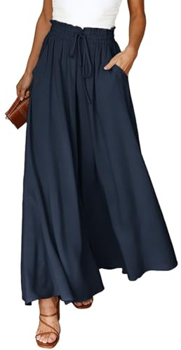 CMTOP Pantaloni Donna Estivi Casual Elastica Vita Alta Larghi Leggeri Pantaloni Eleganti Gamba Larga Pantaloni da Spiaggia con Coulisse (Blu Navy, M)