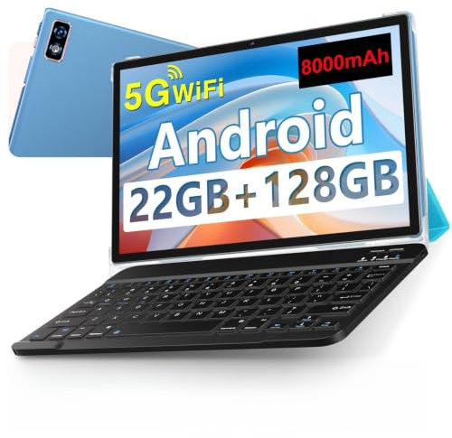 Tablette 10 Pouces Android 14 , 22GoRAM + 128Go ROM (1To TF),Widevine L1/Octa-Core/2.0GHz/5G WiFi/8000mAh/BT 5.0/5+8MP/Soutenir Neflix/Coque Métallique/Tablette Tactile avec Clavier et Souris - Bleu