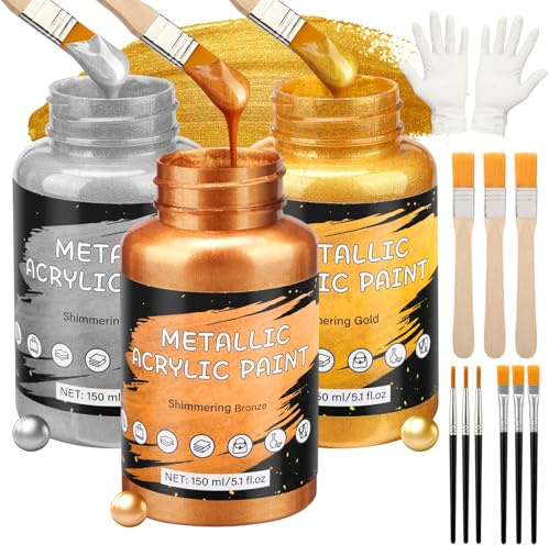 Nakutita Acrylfarbe Metallic Set 450ml, Gold, Silber, Bronze, Wasserfest | Für Leinwand, Holz, Ton, Stoff, Keramik, Stein, Glas, Kunstmalerei, Basteln, Craft Supplies
