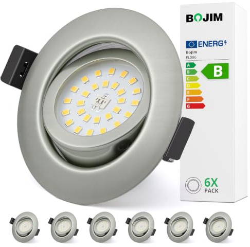 BOJIM Einbaustrahler LED Bad Küche Deckenspots Energieeffizienzklasse B | Spots 230V IP44 Schwenkbar, Nickel, 3000K Warmweiß, 68mm - 80mm Lochmaß, Flach, 4.7W, 6er Set