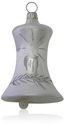 Lauschaer Glas Christbaumschmuck Glocken klein Eislack weiß mit Kerze 3 Stück d 5 cm Christbaumschmuck Weihnachtsbaumschmuck mundgeblasen, handdekoriert