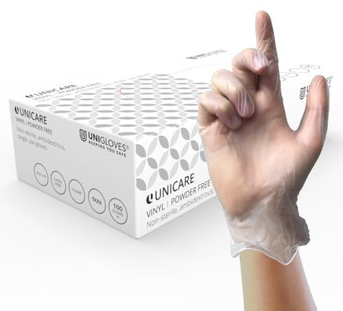 Unigloves Unicare Clear Vinyl GS0064-A Examination - Multipurpose, Powder Free and Latex Free Disposable Gloves, Box of 100 Gloves, Clear, Large