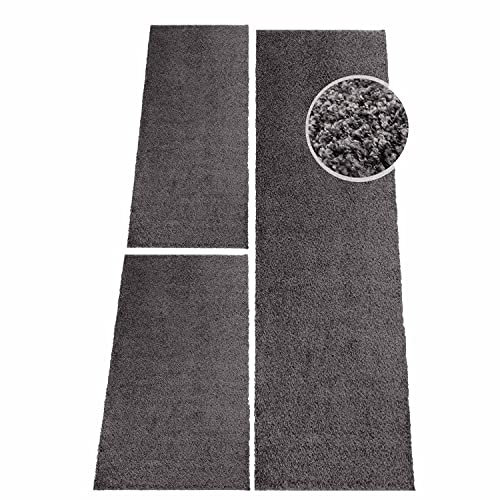 carpet city Bettumrandung 2X 80x150 & 1x 80x300 - Teppiche Läufer Shaggy Hochflor Langflor - Einfarbig Dunkelgrau - Schlafzimmer, Bettvorleger