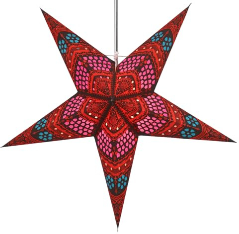 Faltbarer Advents Papierstern, 60 cm, hochwertig, Horus rot/türkis | Handgefertigter Papierstern mit Silberbronze, stimmungsvolle Deko, TÜV geprüft, einfache Montage.