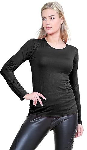 janisramone® Long Sleeve T Shirts Women, Plain Round Neck Breathable Basic Summer Tops for Women UK, Stretchy Slim Fitted Going Out Tops
