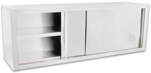 Beeketal 'BWS180' Gastro Küchen Wandhängeschrank aus Edelstahl mit auf Rollen gelagerte Schiebetüren, Hängeschrank mit fest verbautem Einlegeboden - Außenabmessungen (L/B/H): ca. 1800 x 400 x 645 mm