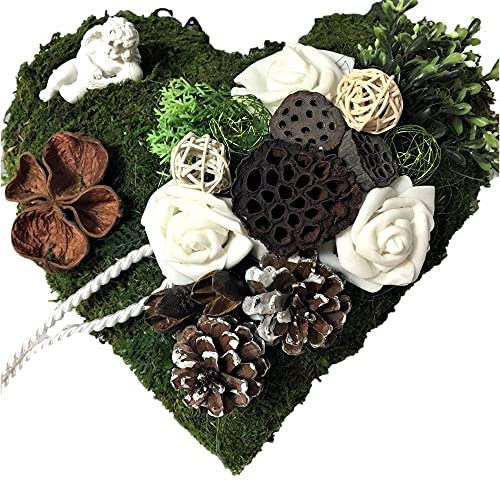 Der-kleine-Dekoladen Grabschmuck Moosherz grün/weiß mit Engel und Exoten Allerheiligen Totensonntag Trauergesteck Grabgesteck Moos | Trauergesteck, wetterfest, Grabgesteck, künstlich,Moos