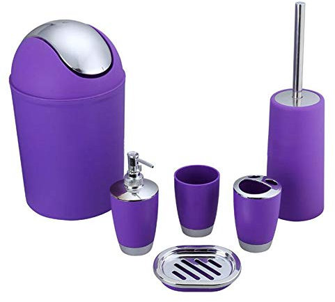 funwill Bathroom Accessories Set 6 Pieces Plastic Bathroom Accessories Toothbrush Holder, Rinse Cup, Soap Dish, Hand Sanitizer Bottle, Waste Bin, Toilet Brush with Holder(6 Colors) (Purple)