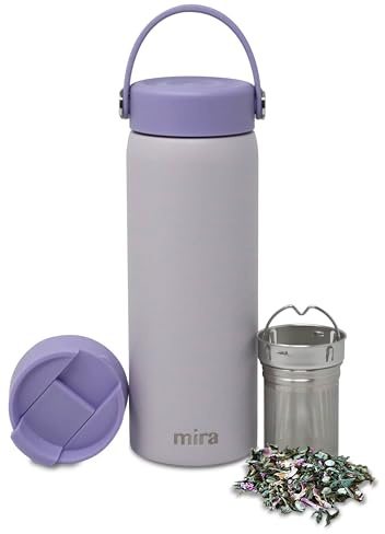 MIRA 18 oz Tea Infuser Thermo - Stainless Steel Travel Bottle with Removable Strainer for Loose Leaf Tea - Insulated Hot & Cold Brew Steeper - Heather