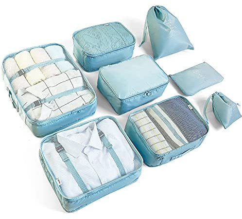 McNory McNory Reise-Organizer, 8 Stück, Reiseverpackung, Packwürfel für Reisen, wasserdichte Polyester-Aufbewahrung, Gepäck, Reise-Aufbewahrungstaschen, Kleidung, Koffer, Hellblau
