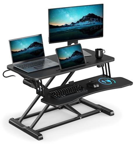 VonHaus Electric Standing Desk Converter, Height Adjustable Two Tier Computer Workstation w/Keyboard Shelf, Dual Monitor Sit Stand Riser w/Controls & Tablet Holder, 80x40cm & 20kg Capacity (Black)