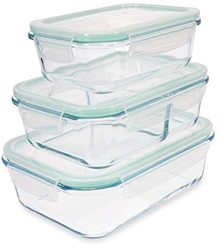 Navaris Set de 3 fiambreras de cristal con tapa - 3x Recipientes variados herméticos antifugas para horno microondas congelador y lavavajillas