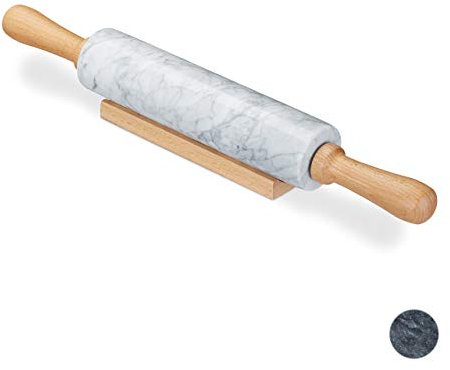 Relaxdays Mattarello in Marmo, Manici in Legno, Pesante, Piatti al Forno & in Padella, con Sostegno, 48 cm, Bianco