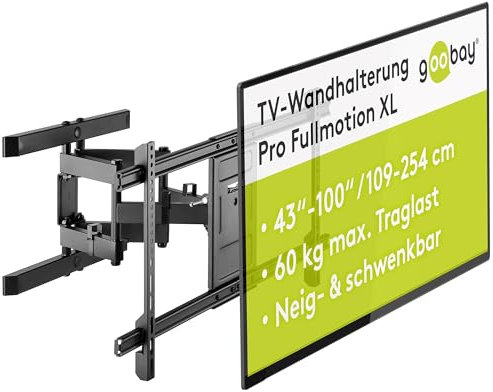Goobay TV-Wandhalterung Pro FULLMOTION (XL) für 43-100 Zoll Fernseher – voll beweglich, schwenkbar/neigbar, max. 60 kg, VESA 800 x 400, ausziehbarer Arm, integriertes Kabelmanagement – ​​Schwarz 49746