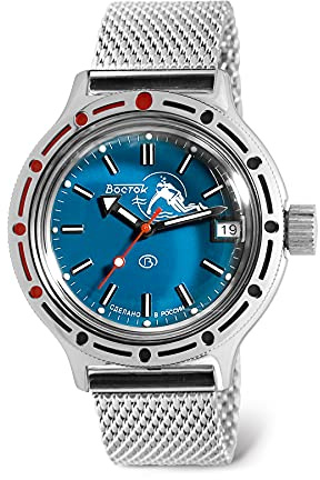 VOSTOK | Scuba Dude Amphibian Automatik Selbstaufziehende Russische Militär Taucher Armbanduhr | WR 200M | Amphibia 420 Style Case | Mode | Business | Casual Herrenuhren Milanaise-Armband B