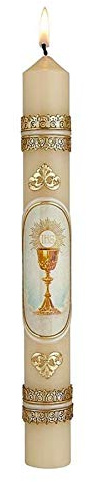 Needzo First Holy Communion Hand Decorated Taper Candle with Chalice and Host Design, Catholic Gifts for Girls and Boys, Tall Candles, Cirio para Primera Comunion, 9-3/4