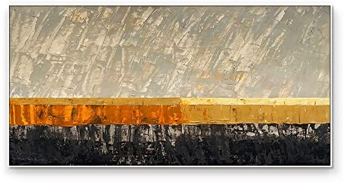 MWMG Ölbilder Auf Leinwand Handgemalt, Moderne Abstrakte Schwarze Textur Gestreifte Goldfolie Einfache Kunstwerk Handgemalte Ölgemälde Auf Leinwand Wandkunst Für Wohnzimmer Schlafzimmer Büro W