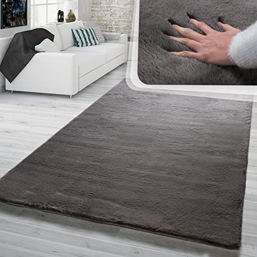 TT Home Hochflor Teppich Schlafzimmer Shaggy Kunstfell Flauschig Kaninchenfell Imitat, Farbe: Anthrazit Charcoal, Größe:80x150 cm