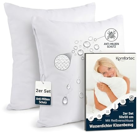 Komfortec Wasserdichter Kissenbezug 50x50 cm 2er Set mit Reißverschluss, Atmungsaktiv, Hypoallergen Kopfkissenbezüge 50x50, Anti-Milben, 2 Stück Kissenschoner 50x50, Weiß