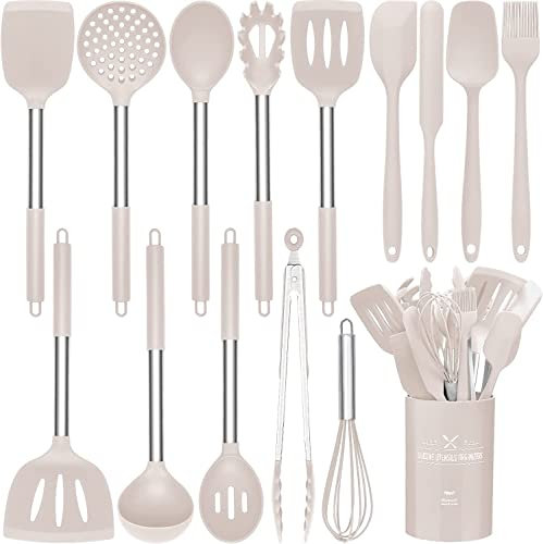15 PCS Silicone Kitchen Cooking Utensils Set, Heat-Resistant Utensil Set with Premium Stainless Handles for Cooking and Baking, Non-Stick Spatula Kitchen Gadgets Cookware Set