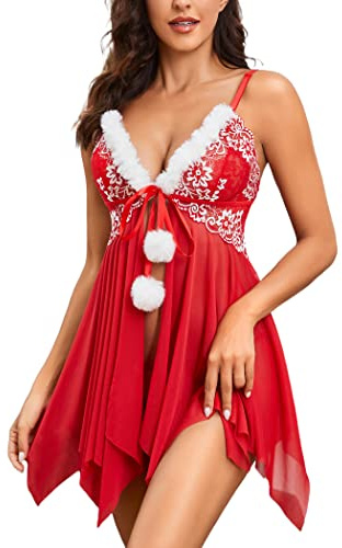 AVAYUU Dam spets negligé jul underkläder sexig babydoll underkläder jul underkläder nattkläder v-ringad underkläder set klänning med trosor röd, röd, XL