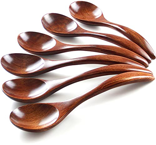 IQCWOOD Korean Wooden Spoon, 6-Piece Wooden Spoons, 7 inch Handmade Natural Asian Wooden Spoons for Soup Coffee Salad Desserts Chips Snacks Cereal and Fruit