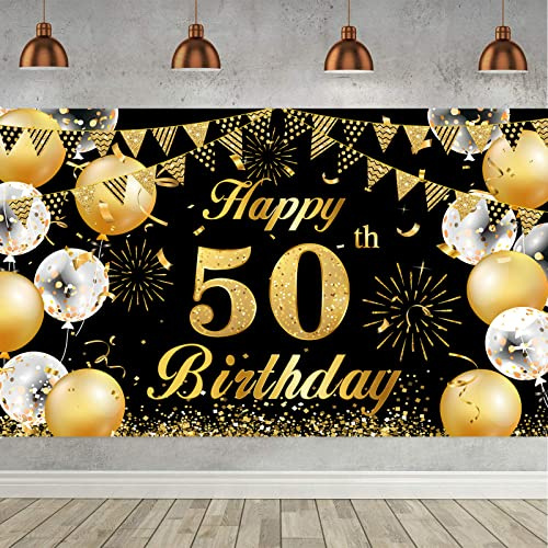 50. Geburtstag Banner Schwarz Gold, Geburtstagsbanner für Männer und Frauen, Hintergrund Banner für 50 Jahre Party Deko