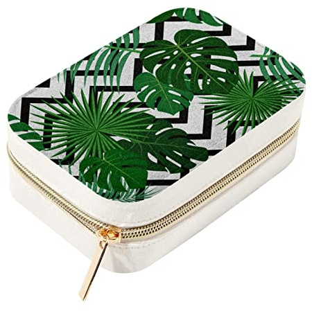 Exotic Jungle Tropical Palm Leaves with Black White Zig Zag Double Layer Portable Travel Mini Jewelry Case Display Storage Holder Box