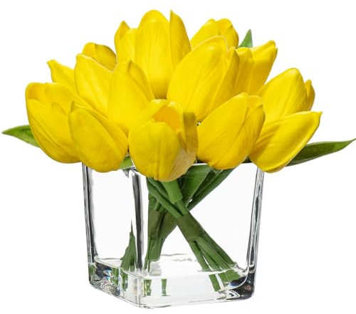 Oairse 14 piccoli fiori artificiali in vaso, tulipani finti realistici al tatto, in vaso di vetro cubo, con mini tulipani gialli, decorazione per casa, matrimonio, centrotavola, decorazione