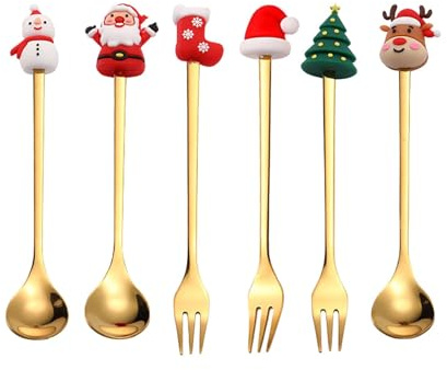LOVIVER Juego de tenedores y cucharas navideñas, tenedores para repostería y cuchara de té, juego de cucharas y tenedores de degustación de acero inoxidable, Oro 6 piezas