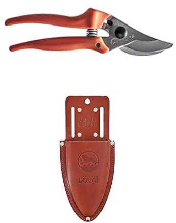 Original LÖWE Set bestehend aus Bypass Rosenschere 14.104 zum Schneiden von Rosen, Zweigen, Ästen, Schnittblume & Leder Premium Holster 9809 mit Gürtel-Clip zur Aufbewahrung am Gürtel oder Hosentasche